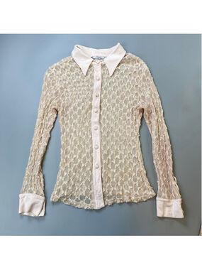 Vintage Holt Renfrew Lace Blouse Medium Beige Y2K Coquette Boho Chic Sheer Layer